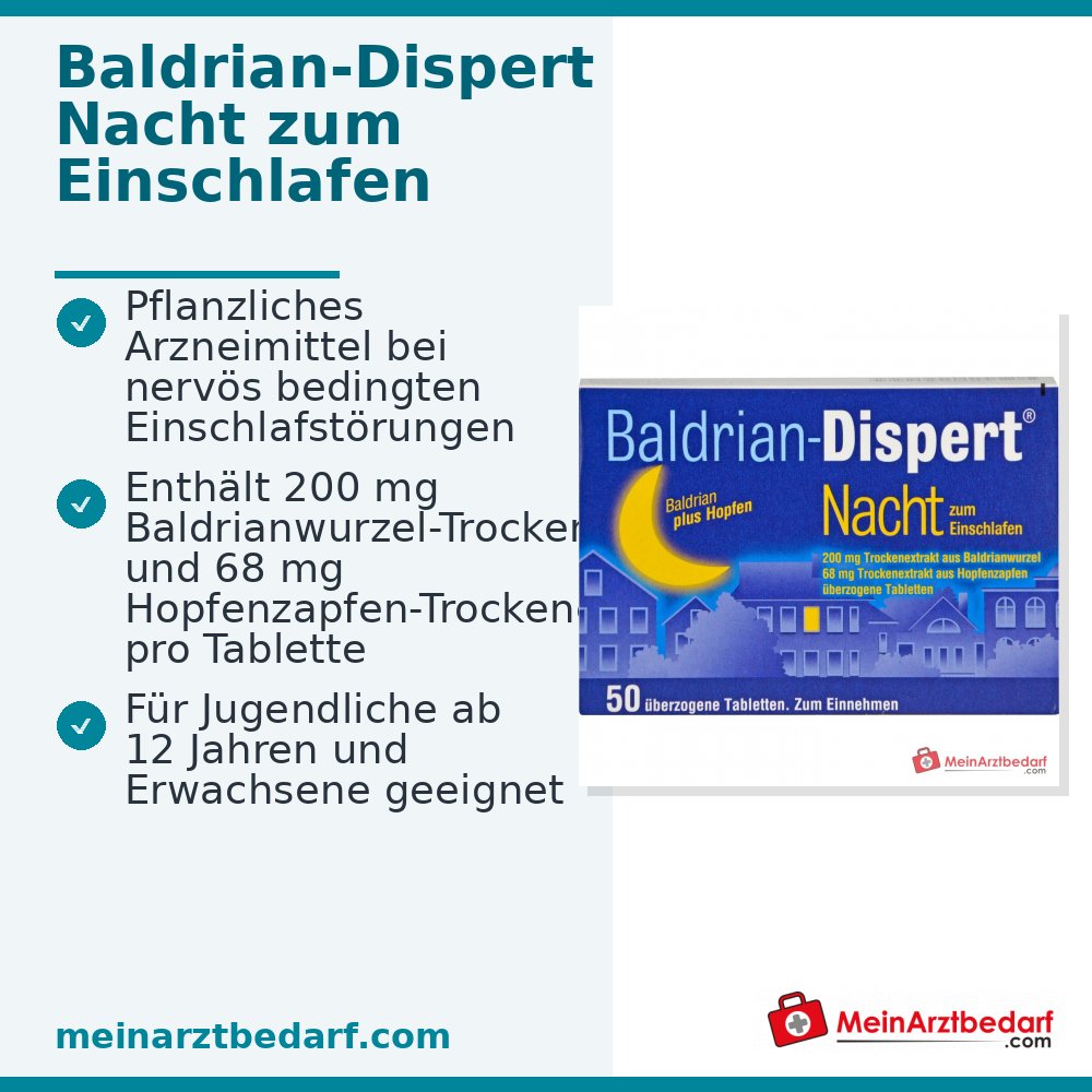 Baldrian-Dispert Nuit pour s'endormir Extrait sec de racine de valériane / extrait sec de cône de houblon comprimés enrobés, 50 pcs.