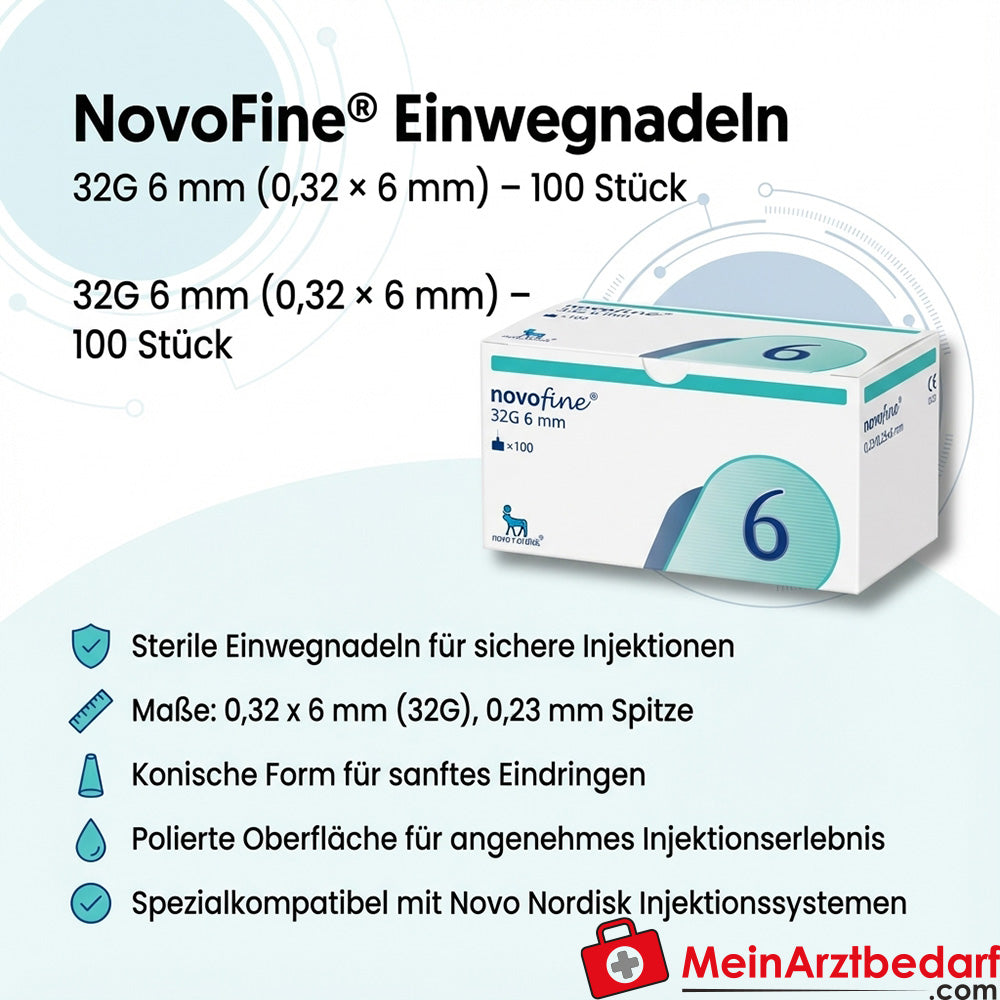 Agujas desechables NovoFine 0,32 x 6 mm (32G) cónicas estériles 100 unidades