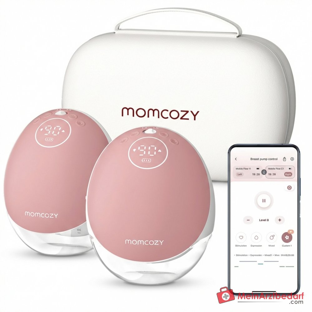 Momcozy Mobile Flow M9 handsfree elektrische borstkolf met app-besturing, 3e generatie motor 300 mmHg, 15 zuigstanden, Bluetooth, DoubleFit-flens 24 mm, Tritan-container 150 ml, 1800 mAh batterij.