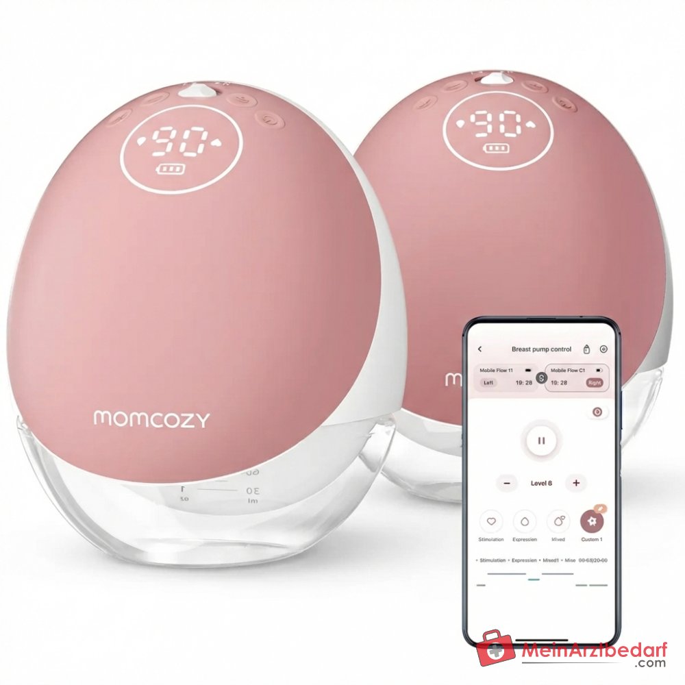 Momcozy Mobile Flow M9 handsfree elektrische borstkolf met app-besturing, 3e generatie motor 300 mmHg, 15 zuigstanden, Bluetooth, DoubleFit-flens 24 mm, Tritan-container 150 ml, 1800 mAh batterij.