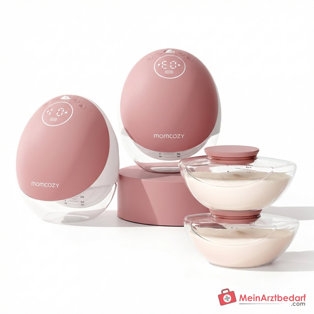 Momcozy Mobile Flow M9 handsfree elektrische borstkolf met app-besturing, 3e generatie motor 300 mmHg, 15 zuigstanden, Bluetooth, DoubleFit-flens 24 mm, Tritan-container 150 ml, 1800 mAh batterij.