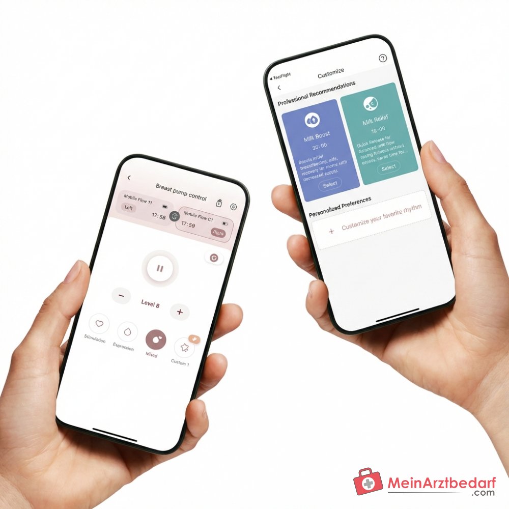 Momcozy Mobile Flow M9 handsfree elektrische borstkolf met app-besturing, 3e generatie motor 300 mmHg, 15 zuigstanden, Bluetooth, DoubleFit-flens 24 mm, Tritan-container 150 ml, 1800 mAh batterij.