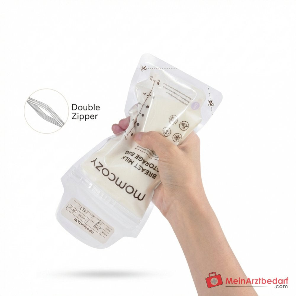 Sacchetti per latte materno Momcozy 180 ml con indicatore di temperatura, doppia sigillatura e design anti-fuga, senza BPA, pre-sterilizzati, 50 pezzi.