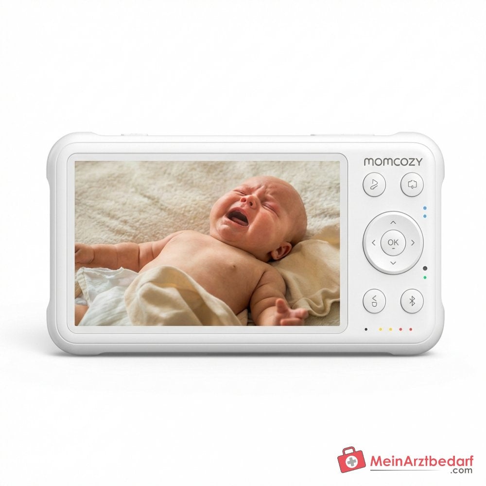 Babyphone vidéo Momcozy BM01 1080P Full HD, écran 5 pouces, batterie de 5000 mAh, rotation à 360 degrés, vision nocturne infrarouge, fonction VOX, audio bidirectionnel, capteur de température, portée de 960 pieds, connexion FHSS sans Wi-Fi.