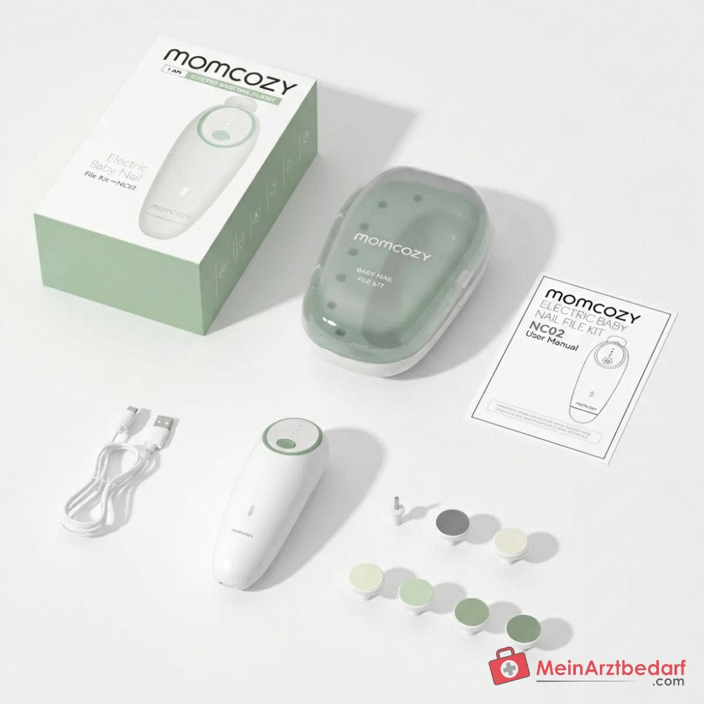 Lime à ongles électrique pour bébé Momcozy NC02 avec lumière LED à 360°, 4 vitesses, 7 embouts de ponçage, silencieuse à moins de 35 dB, rechargeable par USB-C