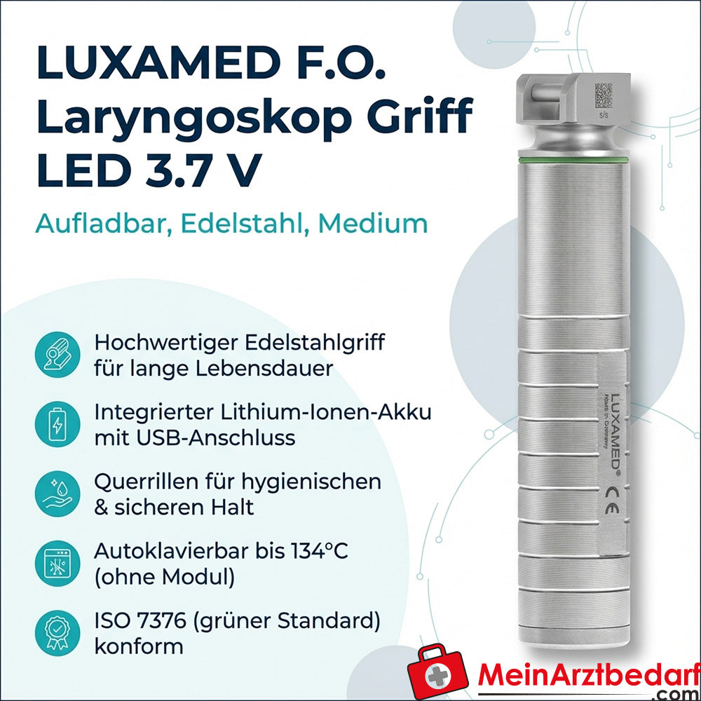 LUXAMED F.O. Laryngoskop Griff LED 3.7 V (aufladbar), inkl. USB-Ladegerät EU/UK/US, medium