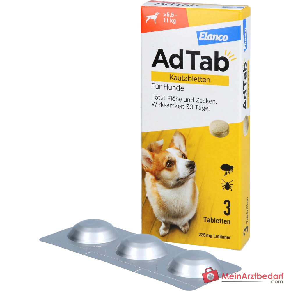 Elanco AdTab Lotilaner comprimés à croquer pour chiens de 5,5 à 11 kg, 3 pièces.