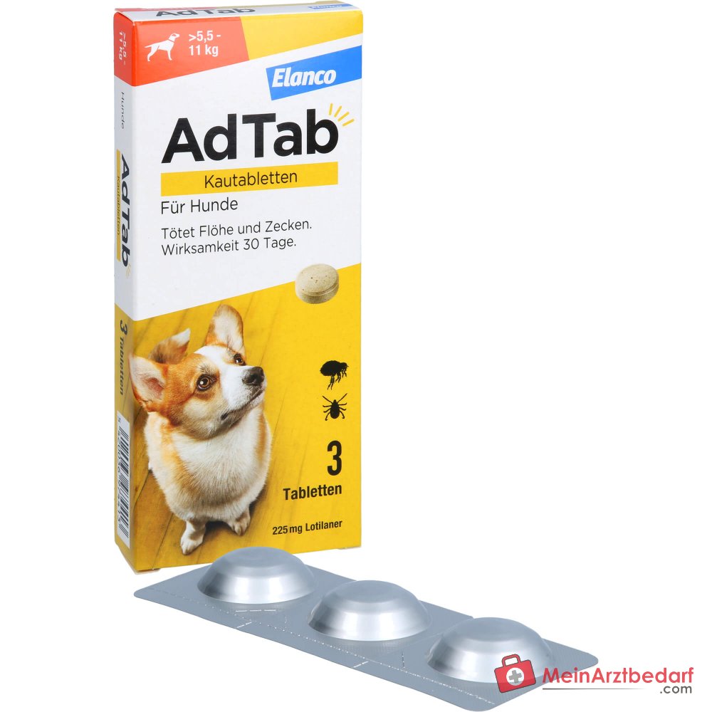 Elanco AdTab Lotilaner comprimés à croquer pour chiens de 5,5 à 11 kg, 3 pièces.