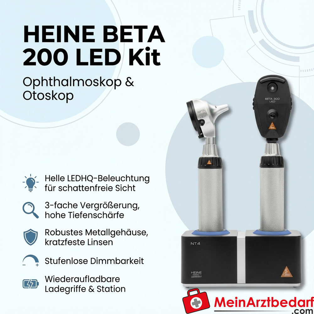 Heine BETA 200 LED Oftalmoscoop en BETA 200 LED F.O. Otoscoopset met BETA4 NT oplaadhandgrepen en NT4 desktop-oplader