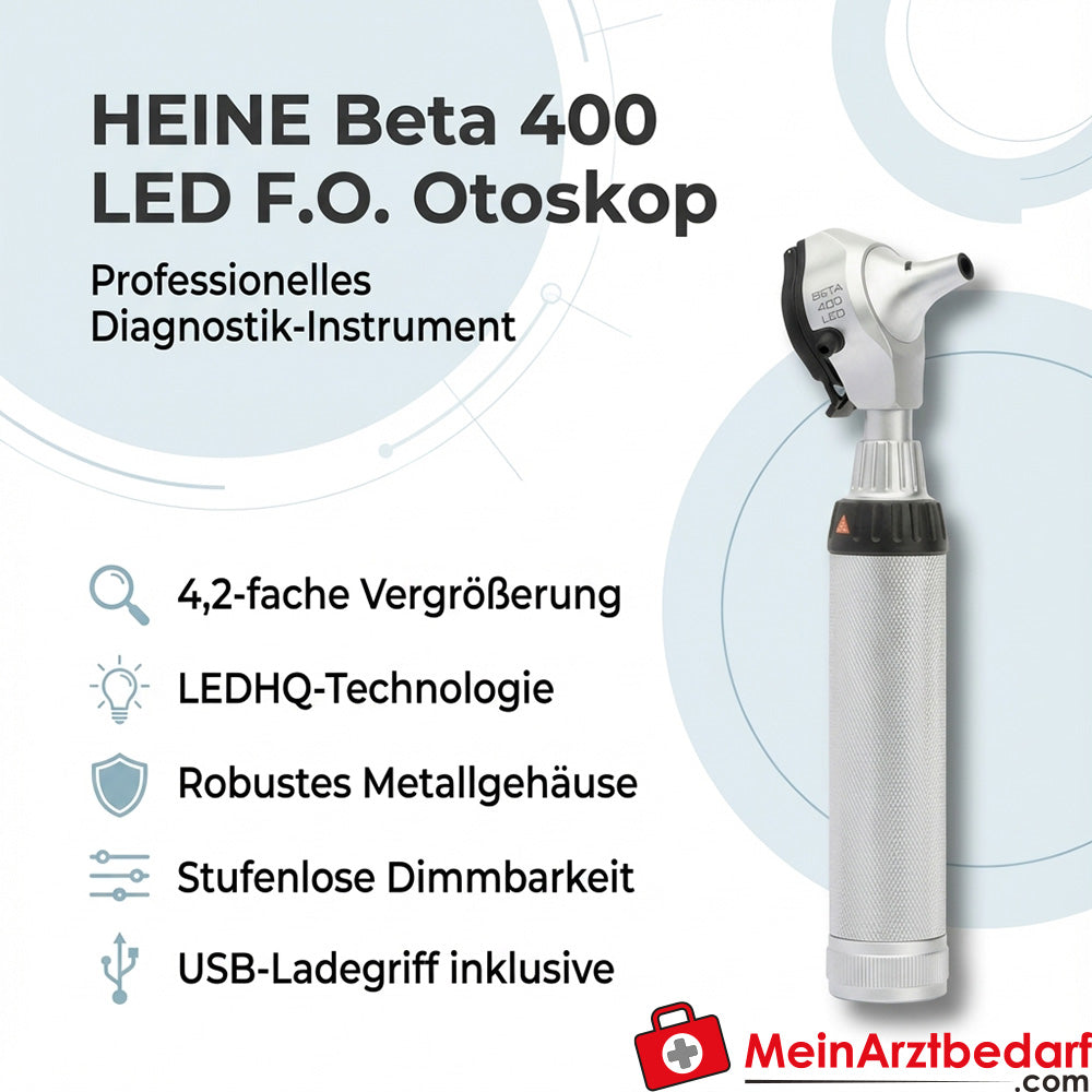 Heine Beta 400 LED F.O. Otoscopio con mango de carga USB, regulable de forma continua