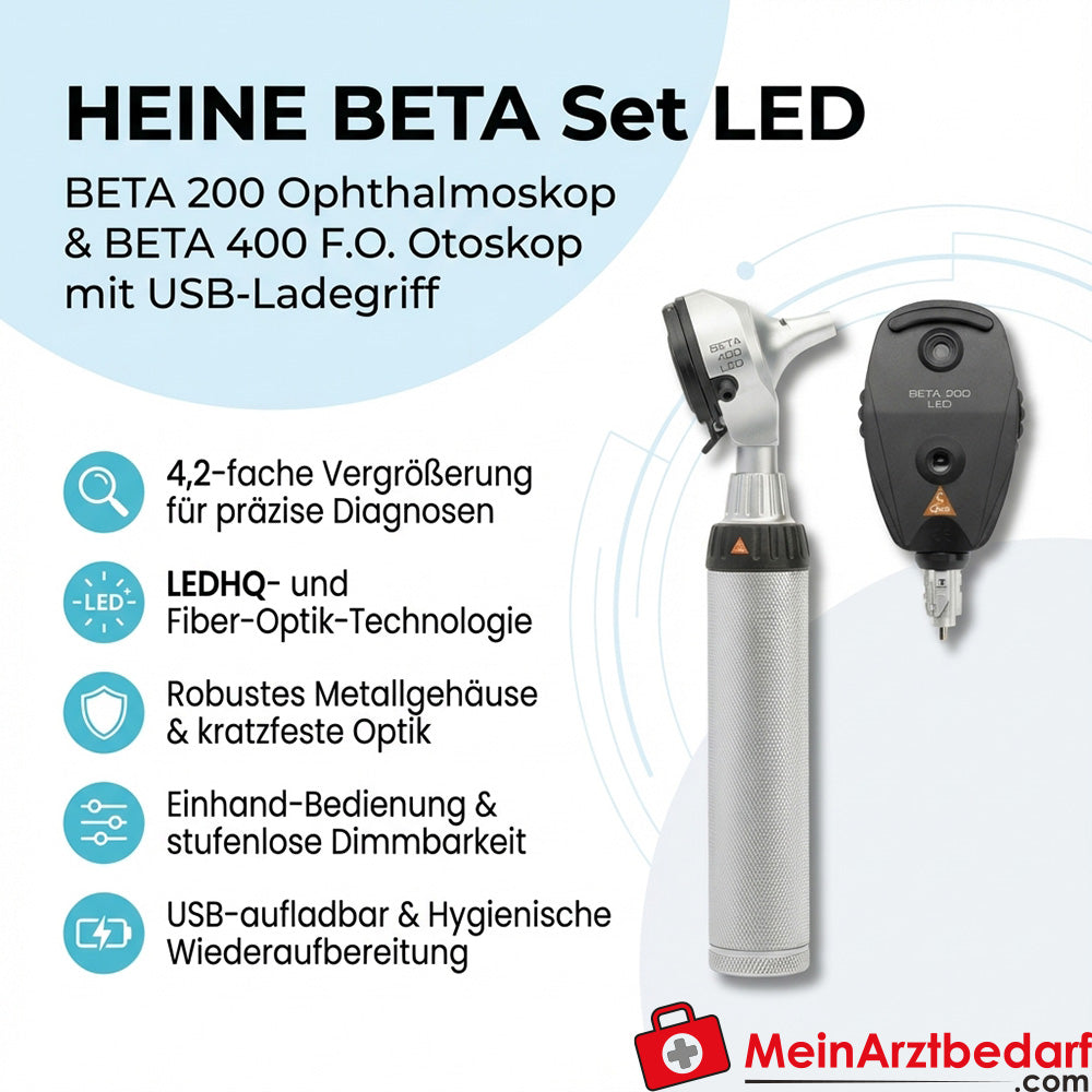 Heine BETA Set LED: BETA 200 Oftalmoscoop & BETA 400 F.O. Otoscoop, USB-oplaadhandvat
