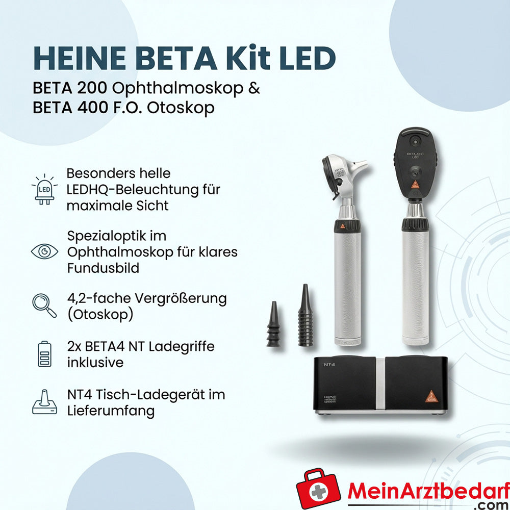 Heine BETA Kit LED - Oftalmoscopio BETA 200 y BETA 400 F.O. Otoscopio, 2x BETA4 NT mango de carga, NT4 cargador de sobremesa