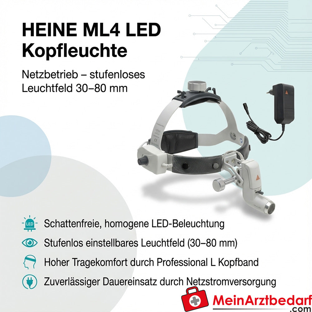 Lámpara frontal Heine ML4 LED alimentación de red campo luminoso continuo 30-80 mm cinta craneal Professional L