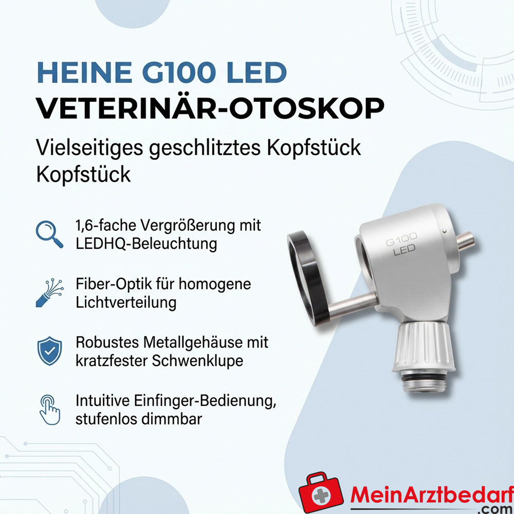 Heine G100 LED pieza craneal ranurada 1,6 aumentos LEDHQ carcasa metálica diagnóstico veterinario