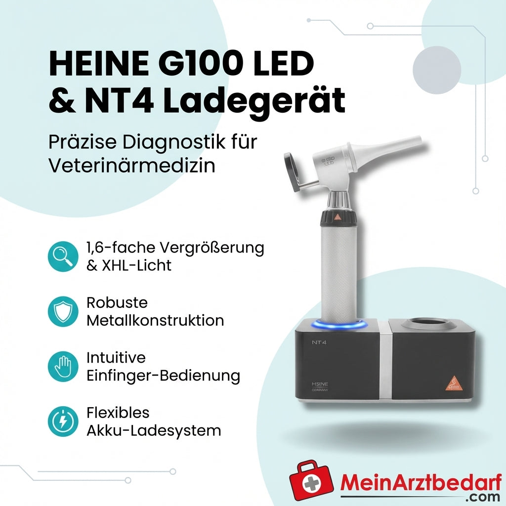 HEINE G100 LED tête fendue XHL, grossissement 1,6x, métal, poignée rechargeable BETA4 NT, chargeur de table NT4