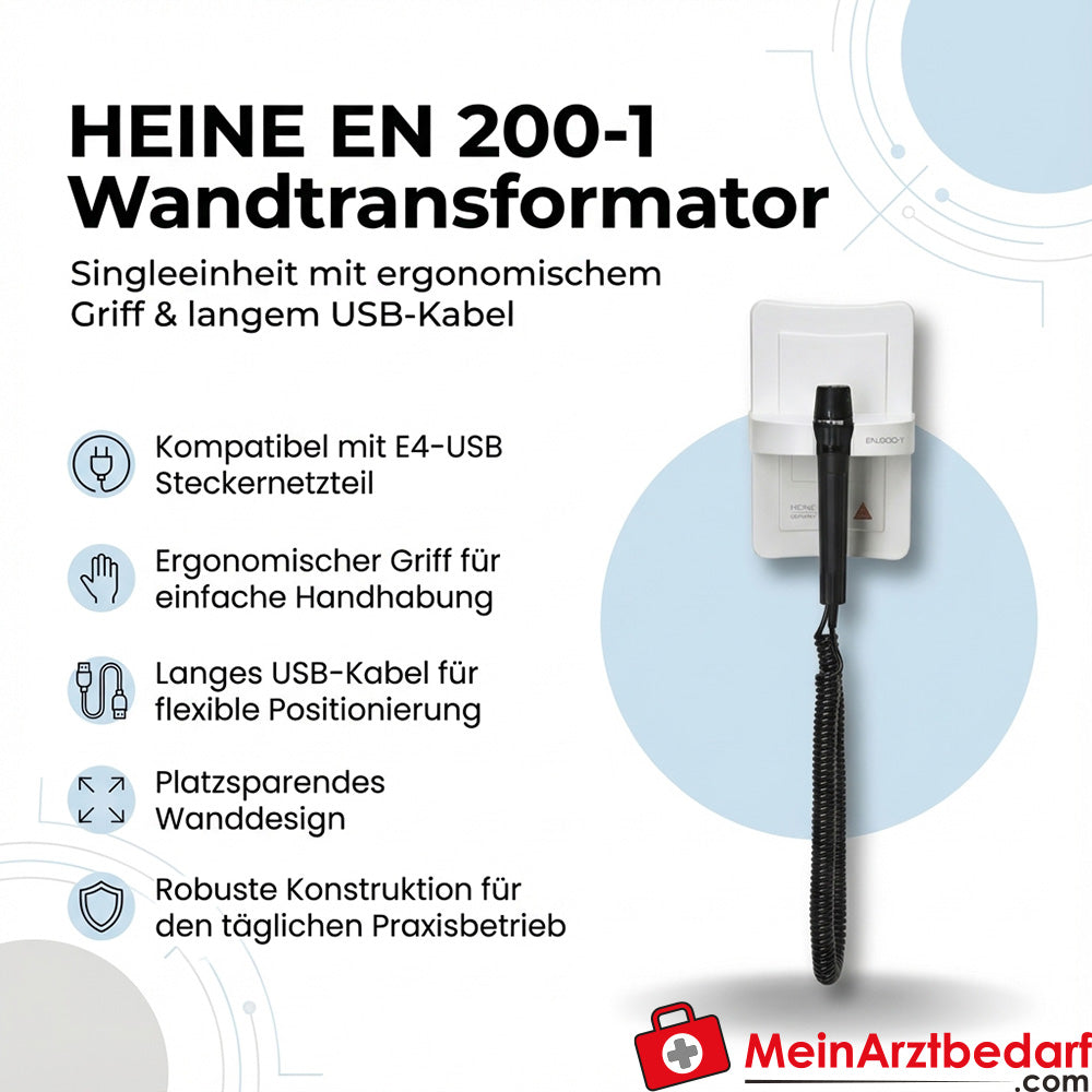 Heine EN 200-1 trasformatore da parete unità singola, cavo USB lungo, compatibile E4-USB
