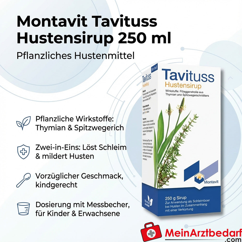 Sciroppo per la tosse Montavit Tavituss 250 ml - rimedio per la tosse alle erbe con timo e piantaggine