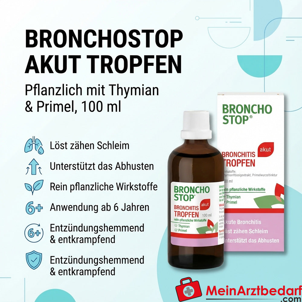 Bronchostop Akut Tropfen 50 ml – pflanzlich mit Thymian und Primel, bei produktivem Husten (ab 6 J.)