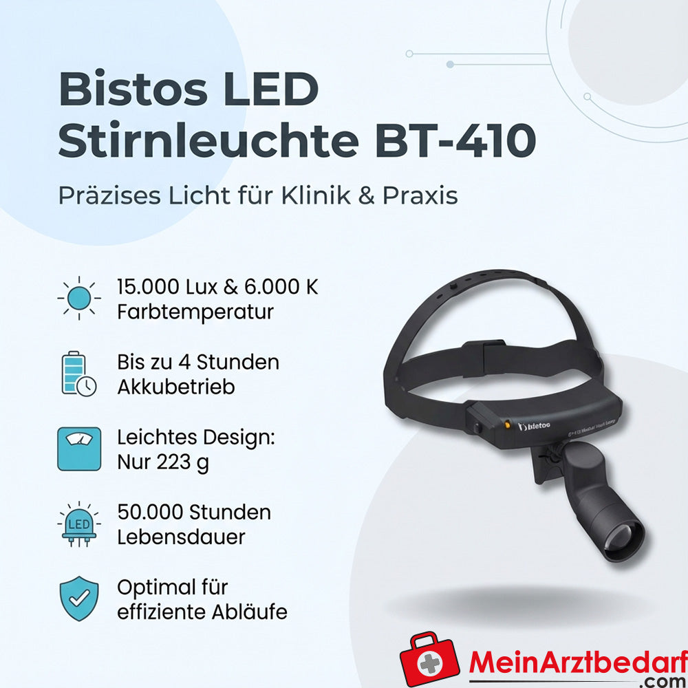 Bistos BT-410 LED Stirnleuchte, 15.000 Lux, Akku 4 h, 223 g, 6.000 K
