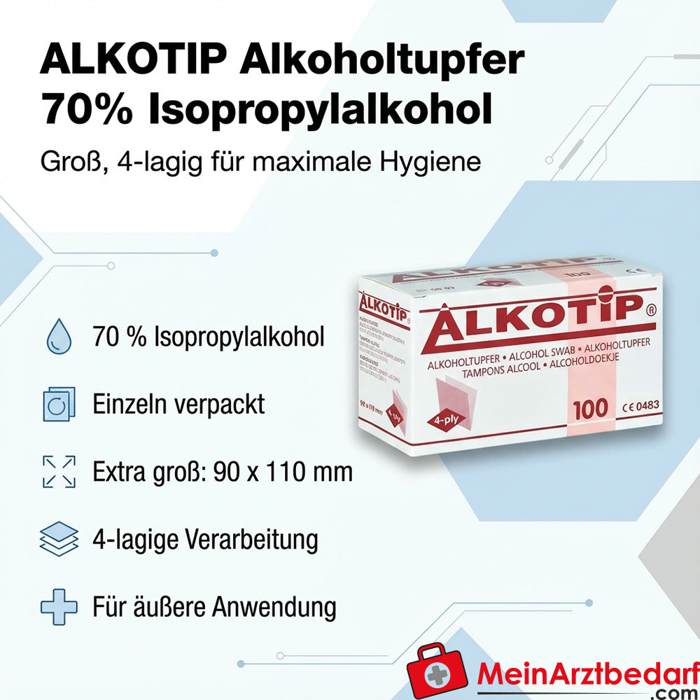 Tamponi alcolici Alkotip 70% alcool isopropilico, grandi 90 x 110 mm, a 4 strati, confezionati singolarmente 100 pezzi