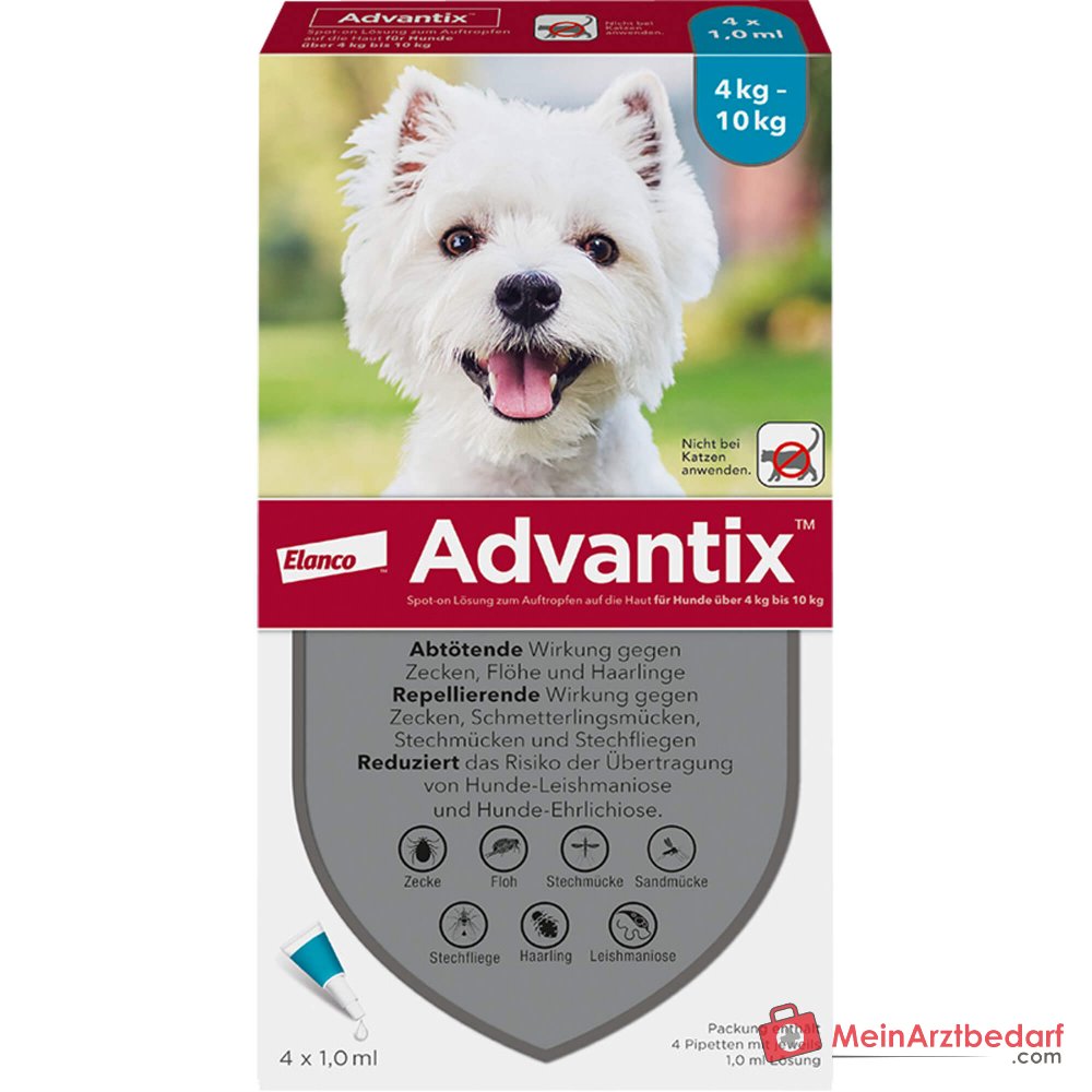 Elanco Advantix Spot-on solution Imidaclopride / Pyréthroïde pour chiens de 4 à 10 kg, 4 pièces.