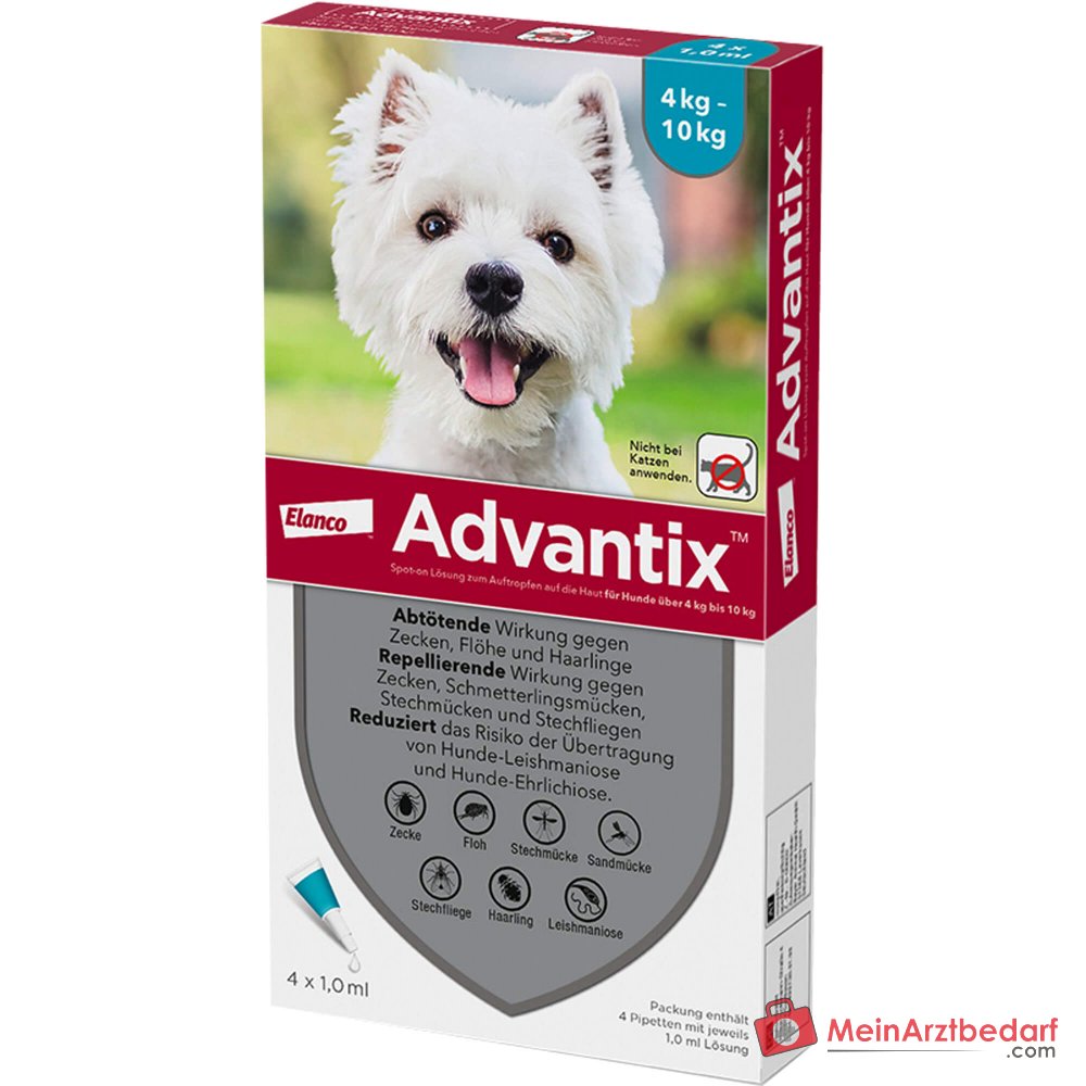 Elanco Advantix Spot-on solution Imidaclopride / Pyréthroïde pour chiens de 4 à 10 kg, 4 pièces.