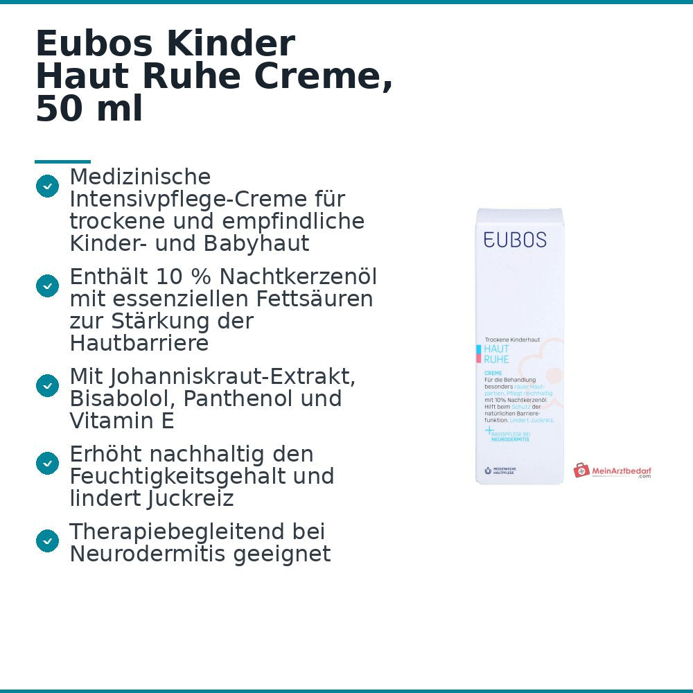 Eubos Kinder Haut Ruhe Nachtkerzenöl / Panthenol / Bisabolol / Allantoin / Johanniskraut-Extrakt Creme, 50 ml.