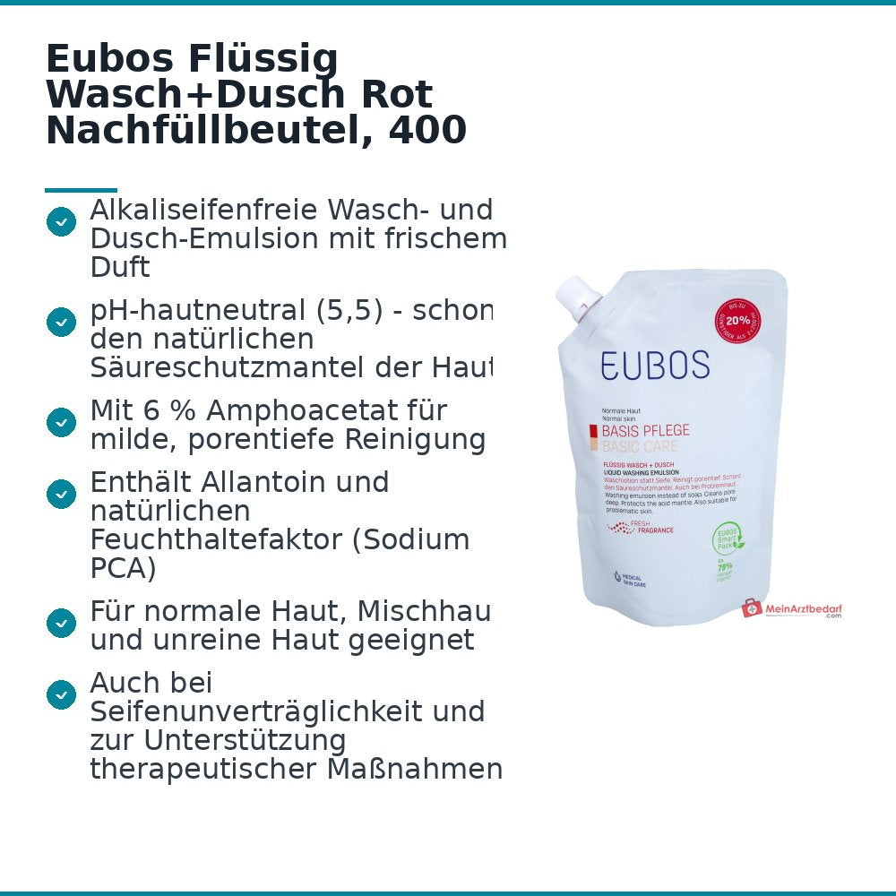 Eubos Basis Pflege Flüssig Wasch + Dusch Rot Waschlotion mit Frischeduft Nachfüllbeutel, 400 ml.