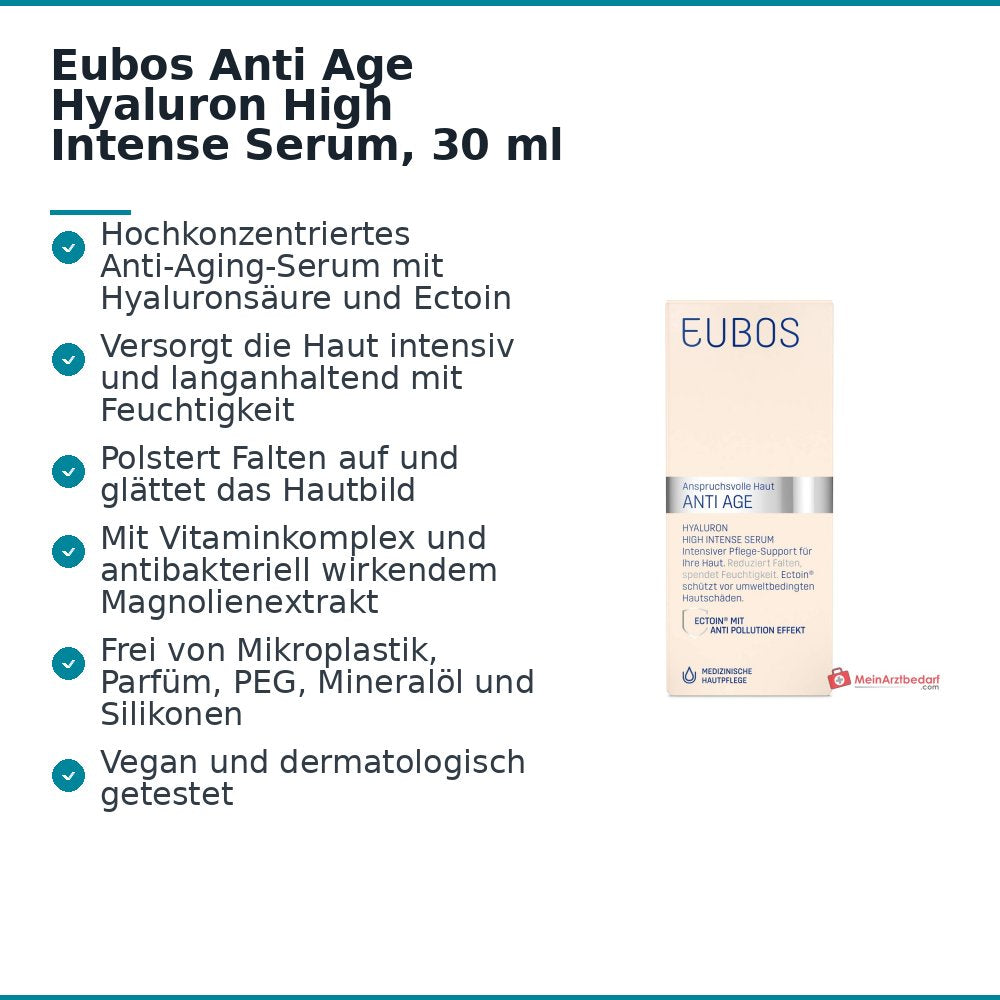 Eubos Anti Age Hyaluron High Intense Serum Hyaluronsäure / Ectoin / Niacinamid / Panthenol / Vitamin E Gesichtsserum, 30 ml.