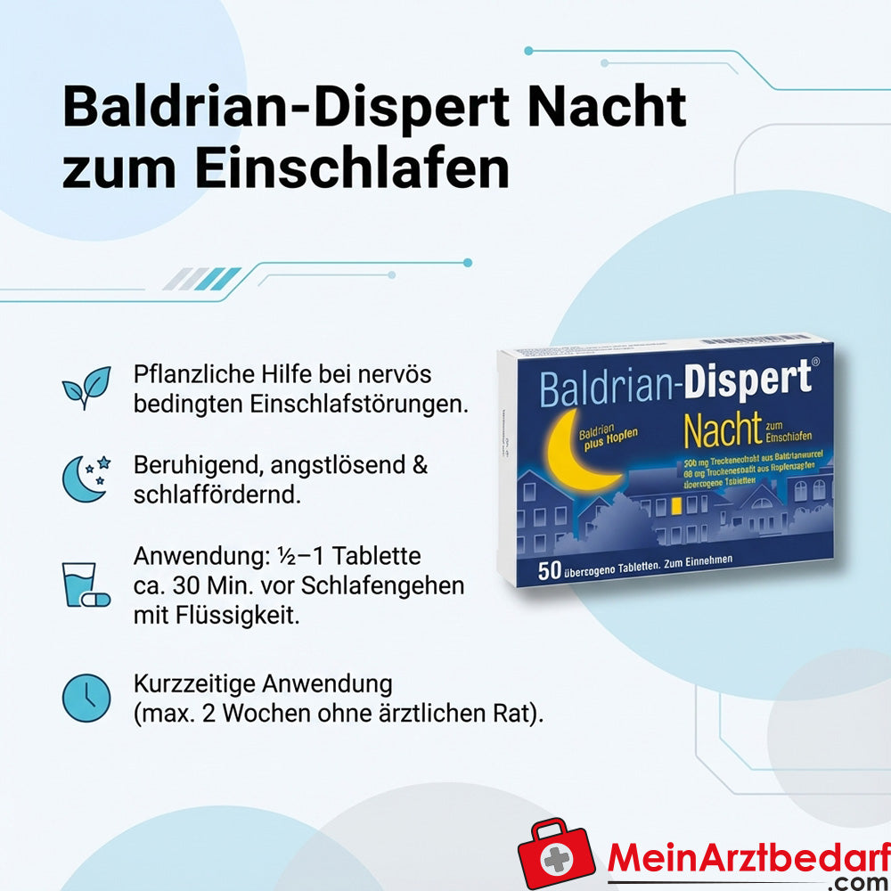 Baldrian-Dispert Nuit pour s'endormir Extrait sec de racine de valériane / extrait sec de cône de houblon comprimés enrobés, 50 pcs.