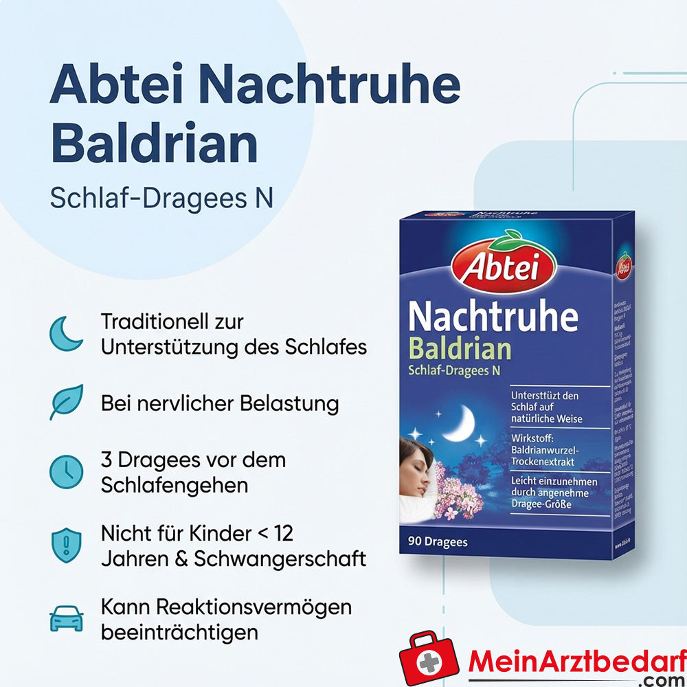 Abtei Nuit Calme Valériane Extrait sec de racine de valériane Dragées pour le sommeil N, 90 pièces.
