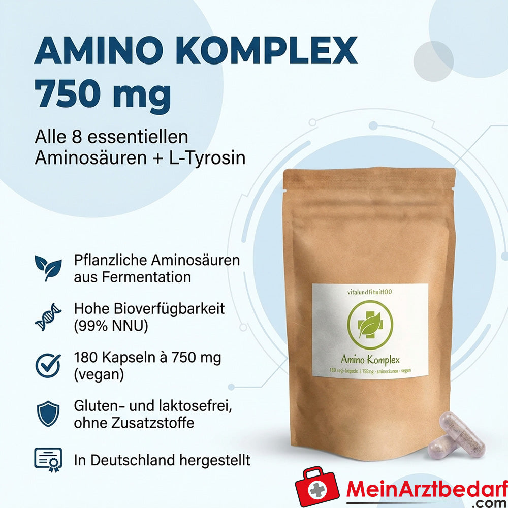 Amino Complexe 750 mg gélules, tous les 8 acides aminés essentiels + L-Tyrosine, 180 pièces