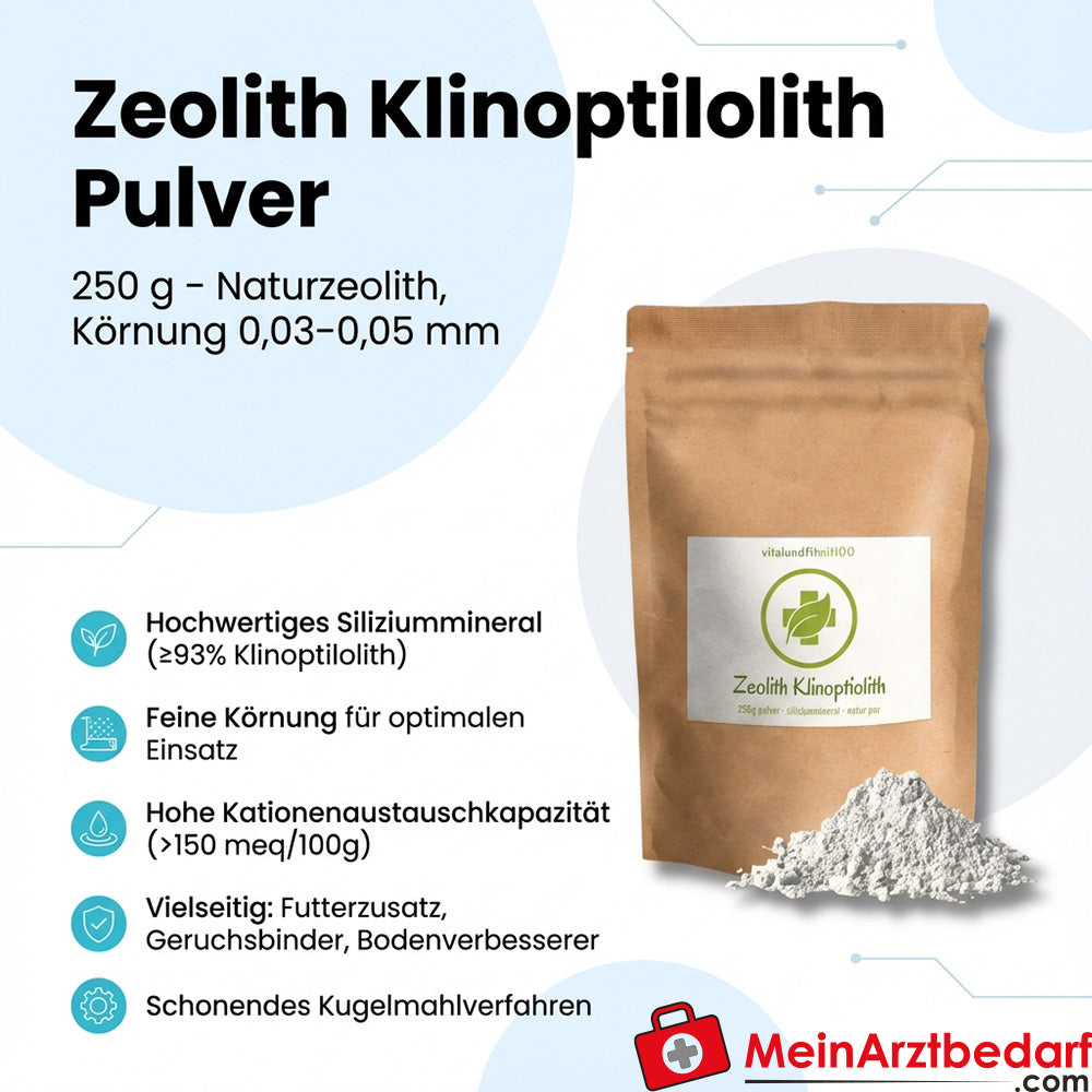 Zeolita clinoptilolita en polvo 250 g, zeolita natural ≥93% tamaño de grano 0,03-0,05 mm, KAK >150 meq/100g