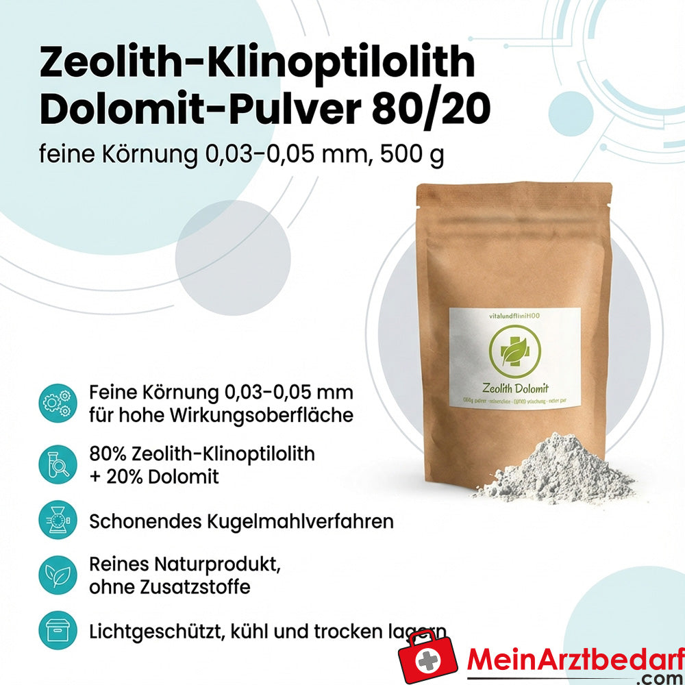 Zeolita-clinoptilolita dolomita en polvo 80/20, granulometría fina 0,03-0,05 mm, aglutinante de contaminantes, 500 g