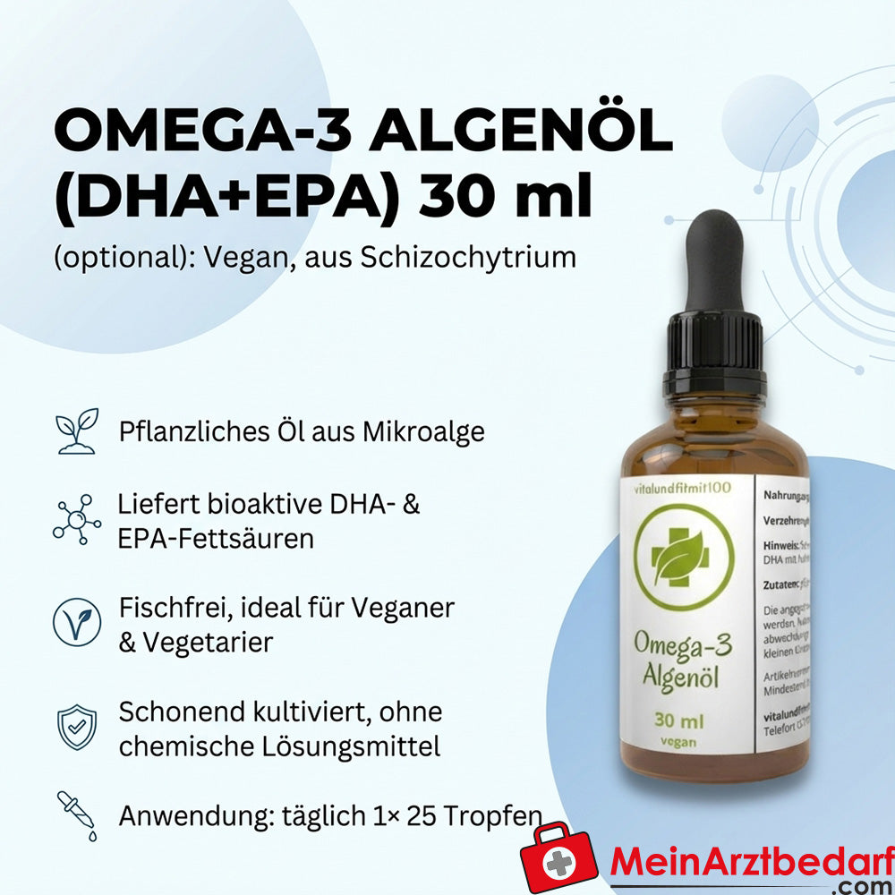 Olio di alghe Omega-3 (DHA+EPA) 30 ml liquido di Schizochytrium, integratore alimentare vegano
