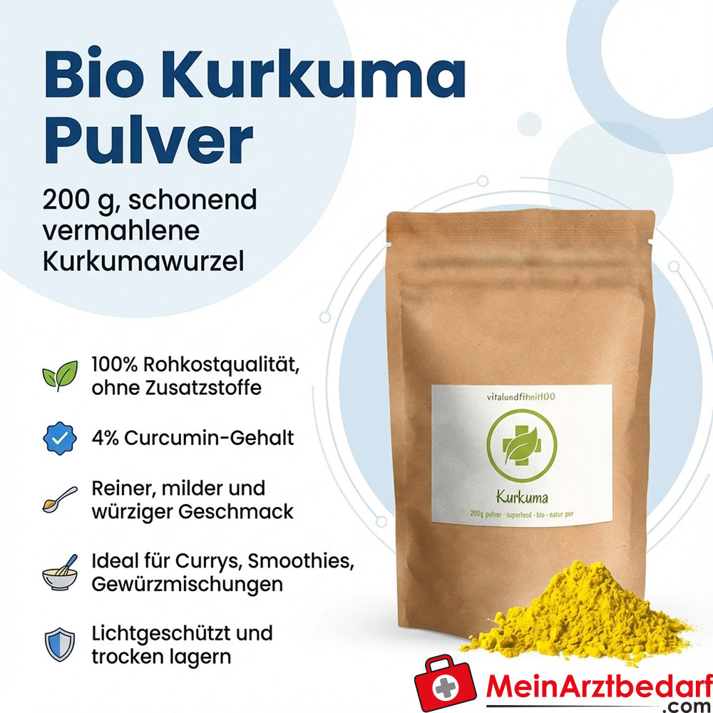 Poudre de curcuma bio 200 g 4% curcumine qualité crudité, finement broyée