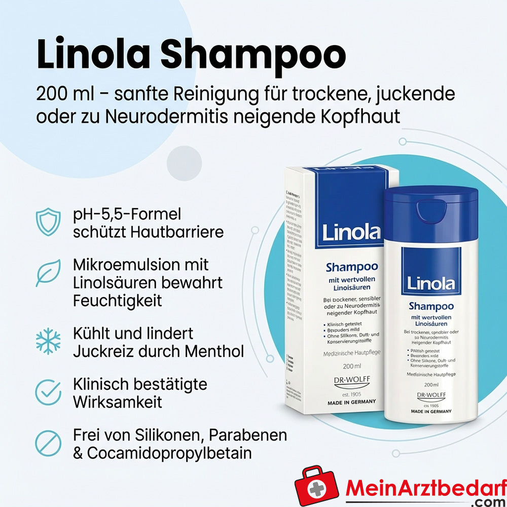 Linola Forte Shampoo pH 5,5 Gel 200 ml für trockene, empfindliche und neurodermitis‑neigende Kopfhaut
