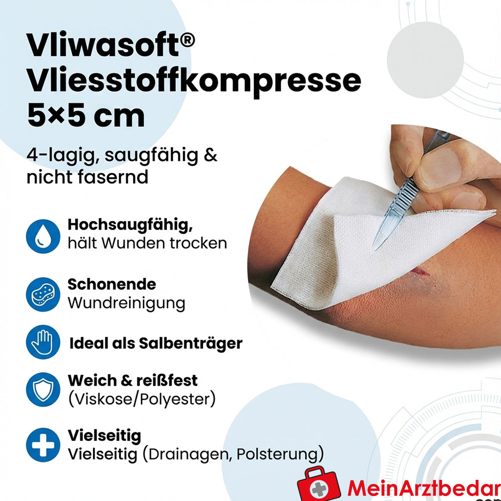 Vliwasoft Compresse non tissée 5 cm x 5 cm 4 plis non stérile 100 pièces