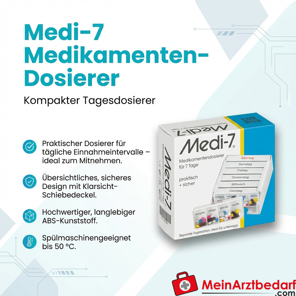 Medi-7 medicijndispenser ABS kunststof met transparant schuifdeksel, 1 stuk, compact 12,5×5,0×11,5 cm
