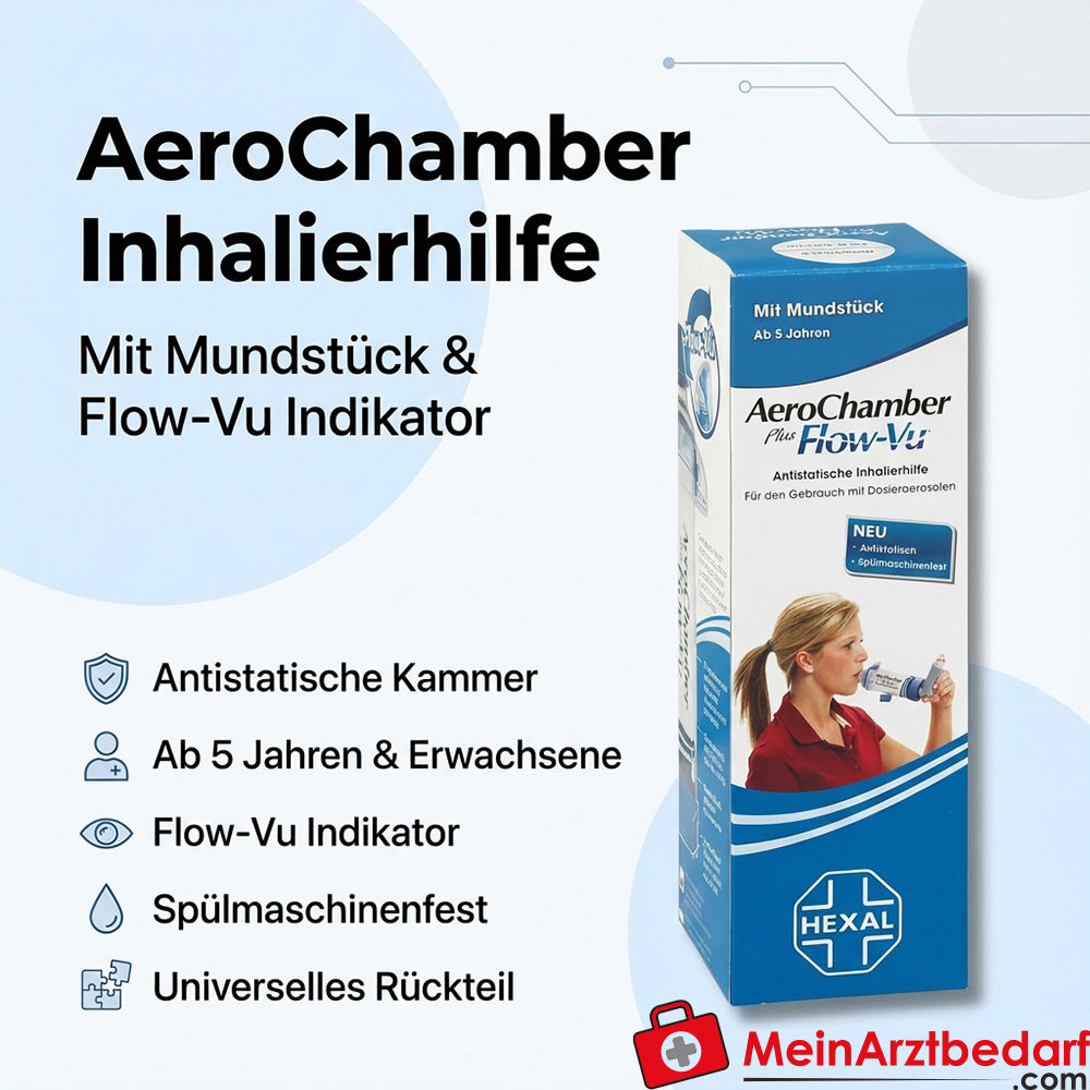 Inalatore AeroChamber con boccaglio, camera antistatica, Flow-Vu, per bambini da 5 anni e adulti, 1 pz.