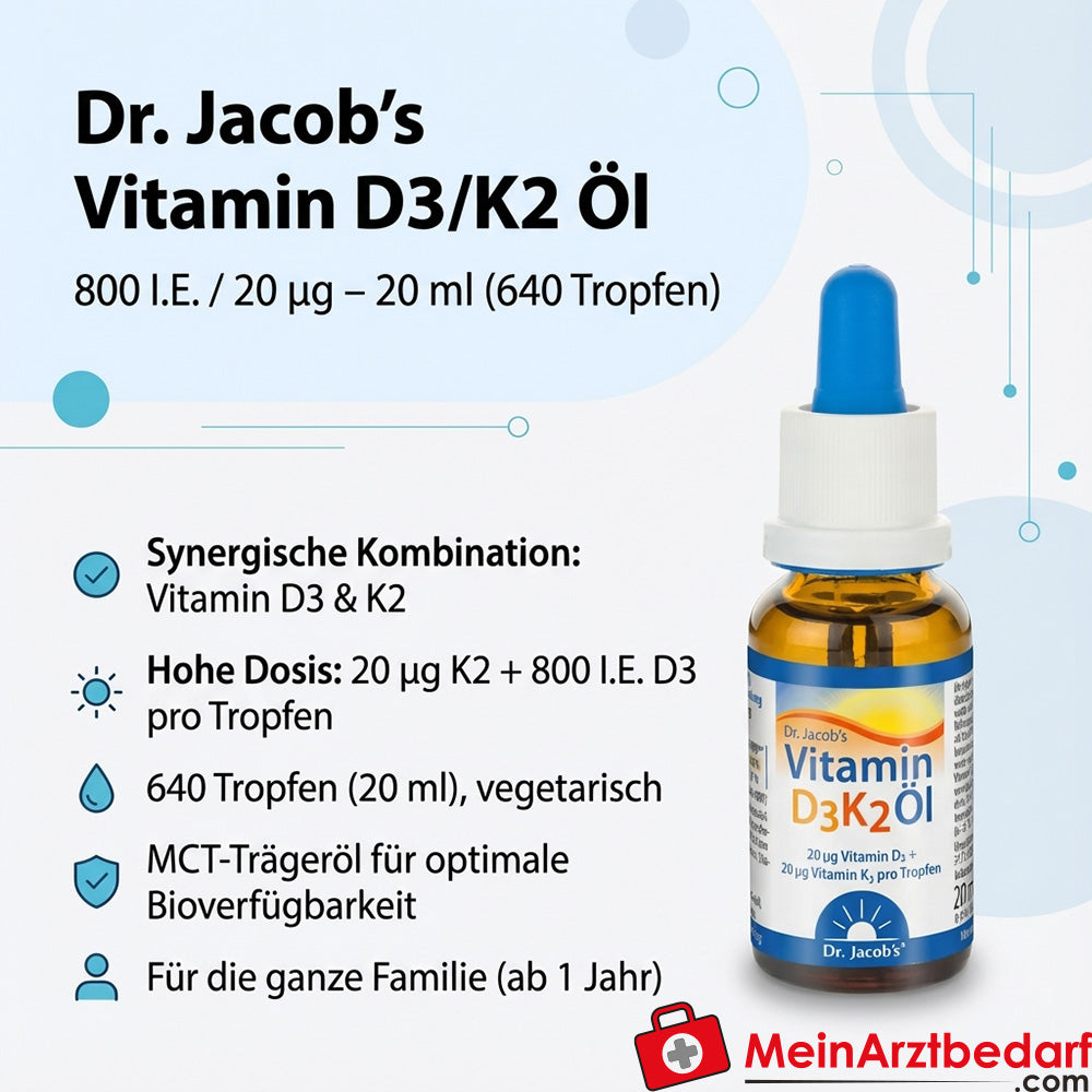 Olio di vitamina D3/K2 del Dr. Jacob 800 U.I./20 µg, 20 ml (640 gocce)