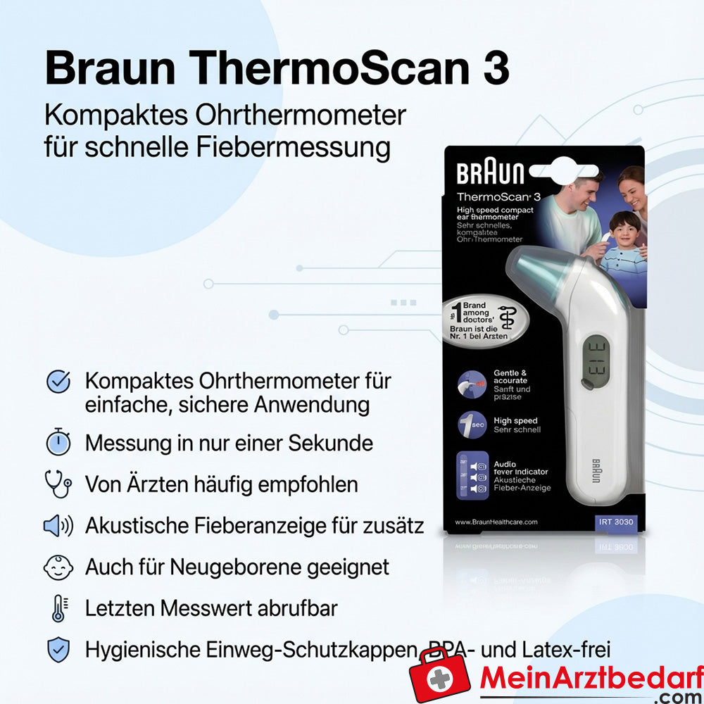 Braun ThermoScan 3 Ohr-Kompaktthermometer digital akustische Fieberanzeige 1 Stück