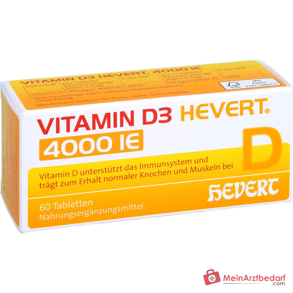 Hevert Vitamine D3 Cholécalciférol Comprimés 4000 UI, 60 pièces.