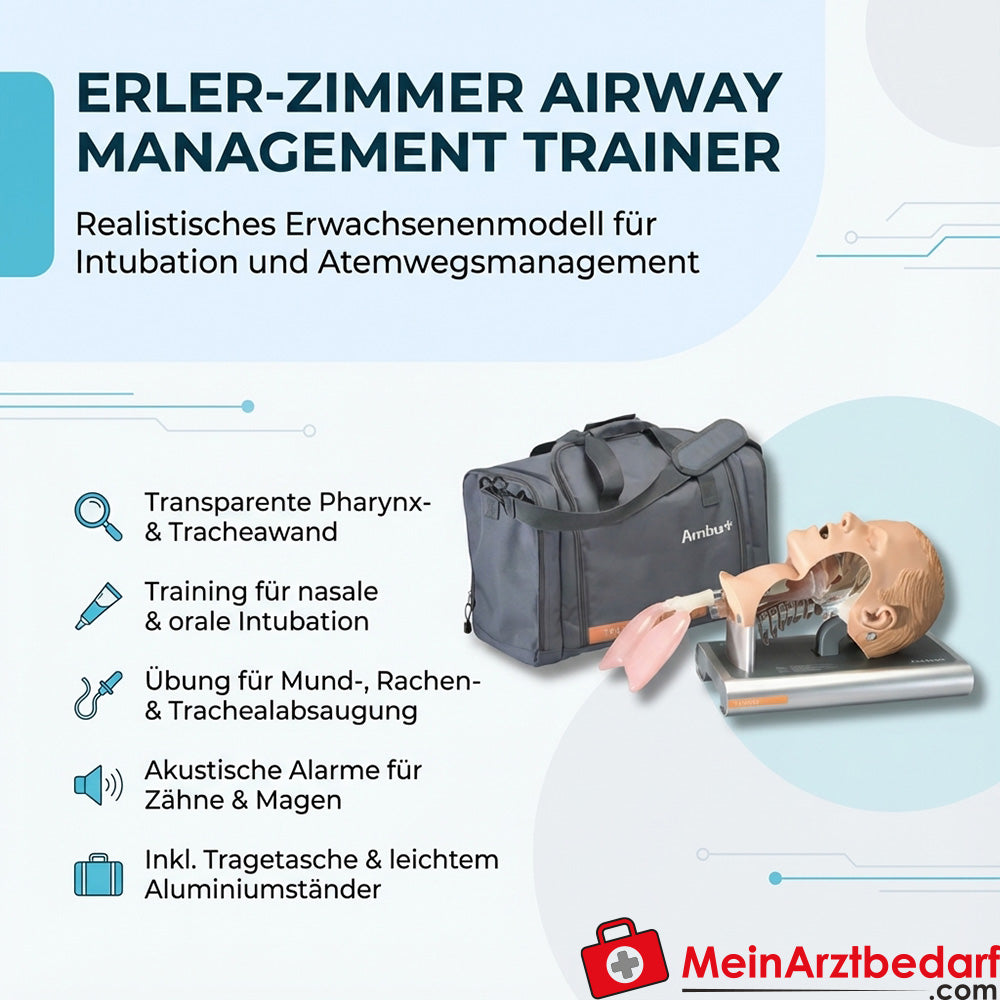 Erler Zimmer Airway Management Trainer Adult - Intubatietrainer voor volwassenen, transparante faryngeale/tracheale wand, aluminium standaard 40×24×35 cm