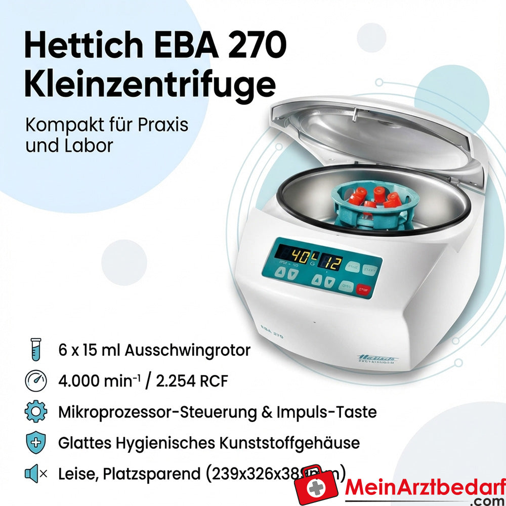 Hettich EBA 270 Tischzentrifuge 90° Ausschwingrotor für 6×15 ml, 4.000 min⁻¹ (RCF 2.254)