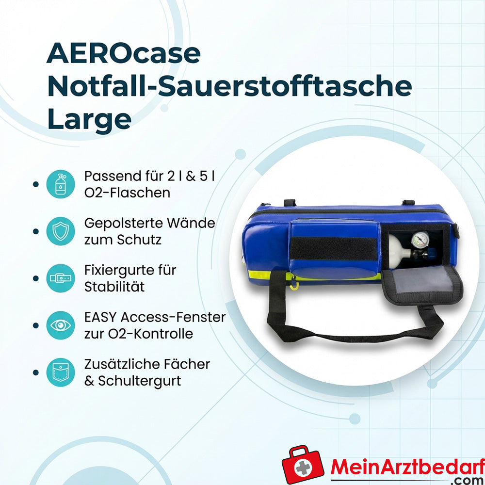 Sac d'oxygène d'urgence AEROcase® Large pour bouteilles d'O2 de 2/5 l avec sangles de fixation, fenêtre EASY Access et bandoulière rembourrée