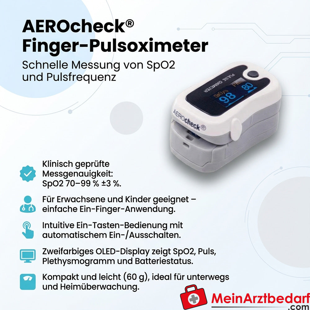 Pulsoksymetr palcowy AEROcheck® z wyświetlaczem OLED SpO2 70-99 % ±3 % puls 30-235 bpm Aplikacja jednym palcem