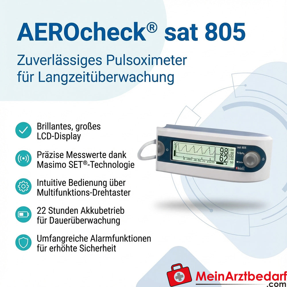 Pulsoksymetr AEROcheck® sat 805 długotrwałe monitorowanie LCD akumulator litowo-jonowy 22h alarm pulsu SpO2