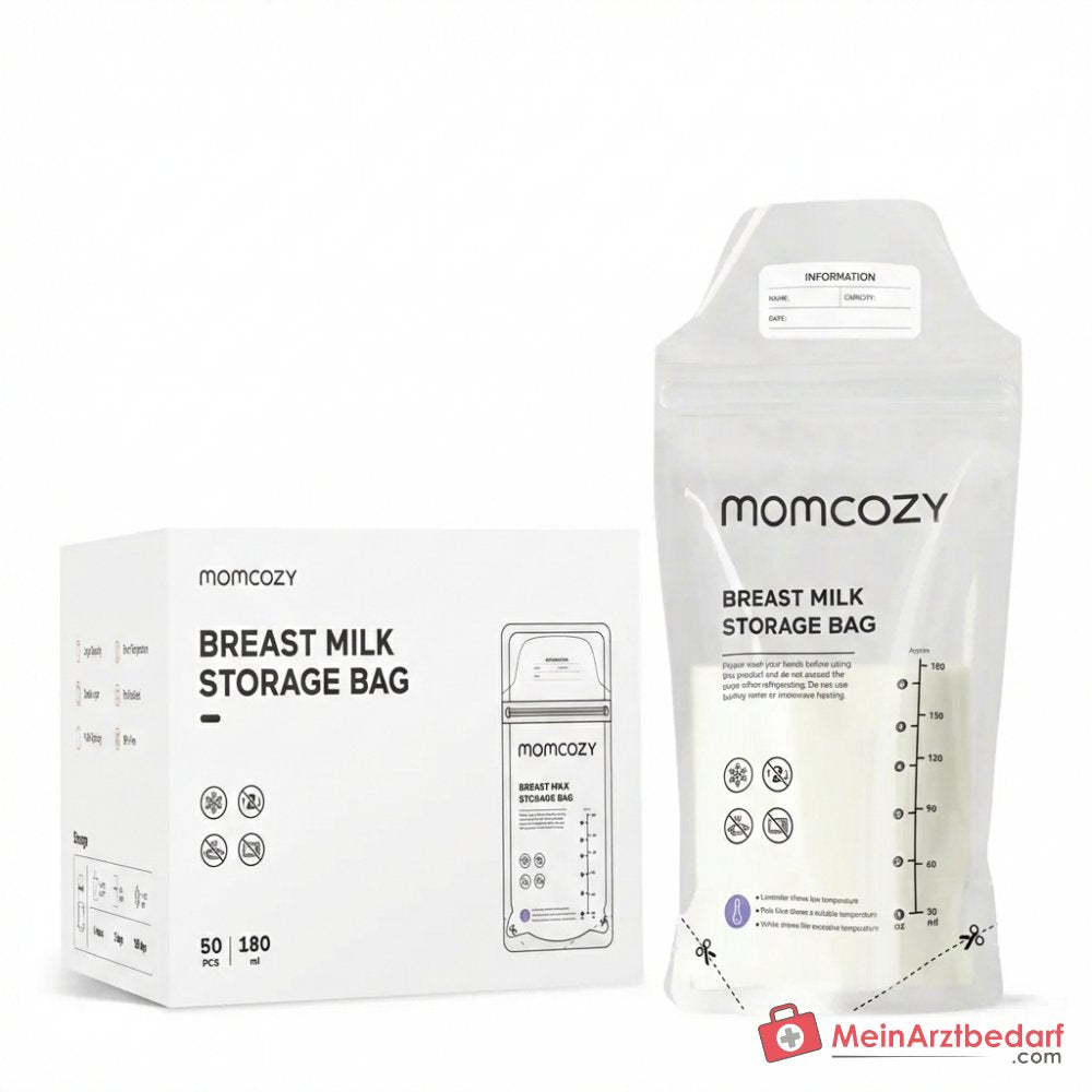 Sacchetti per latte materno Momcozy 180 ml con indicatore di temperatura, doppia sigillatura e design anti-fuga, senza BPA, pre-sterilizzati, 50 pezzi.