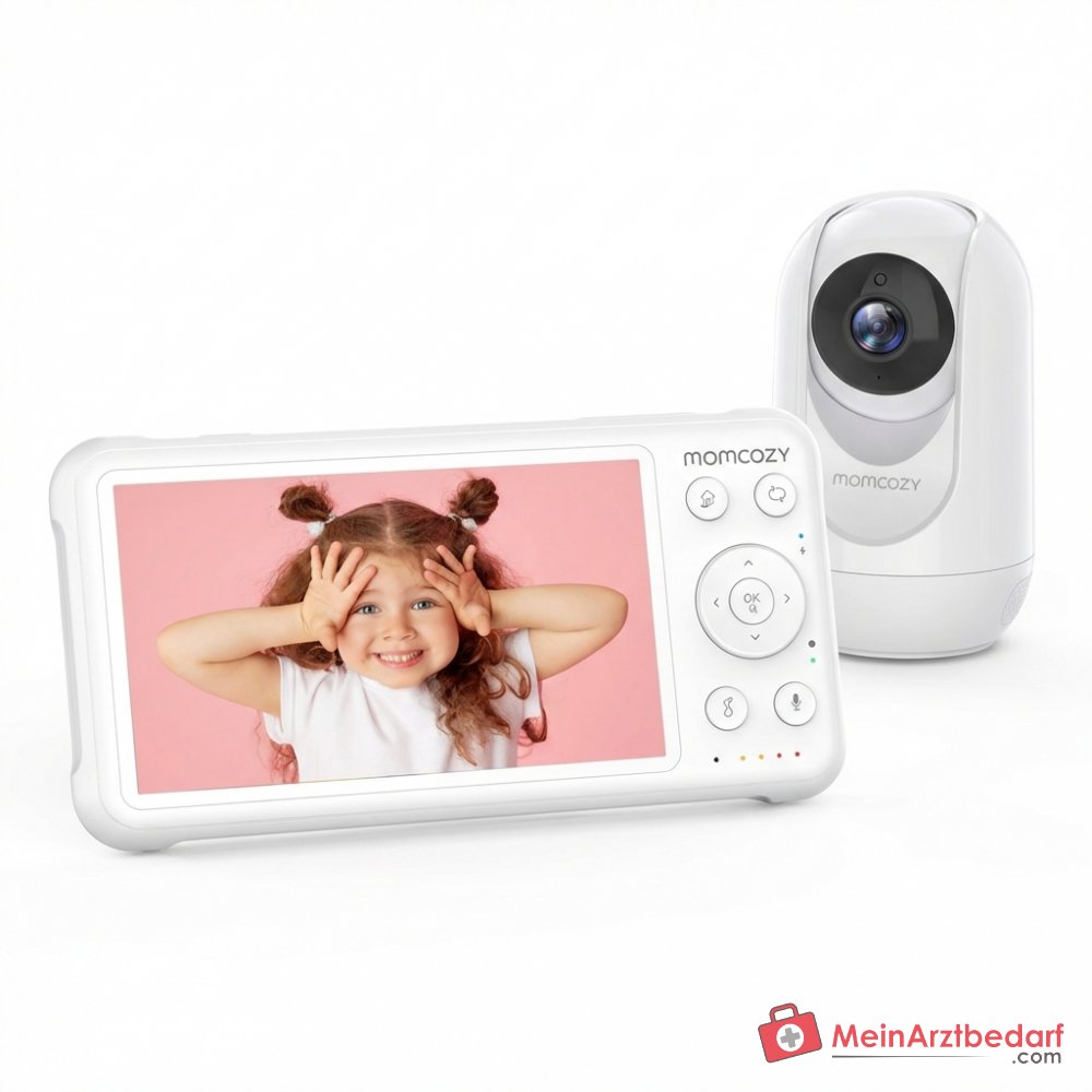 Babyphone vidéo Momcozy BM01 1080P Full HD, écran 5 pouces, batterie de 5000 mAh, rotation à 360 degrés, vision nocturne infrarouge, fonction VOX, audio bidirectionnel, capteur de température, portée de 960 pieds, connexion FHSS sans Wi-Fi.